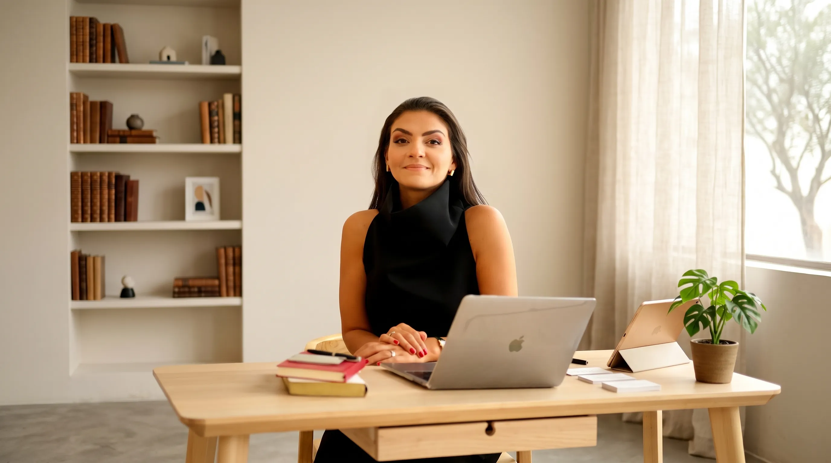 Bárbara à secretária do seu escritório, com estante de livros ao fundo