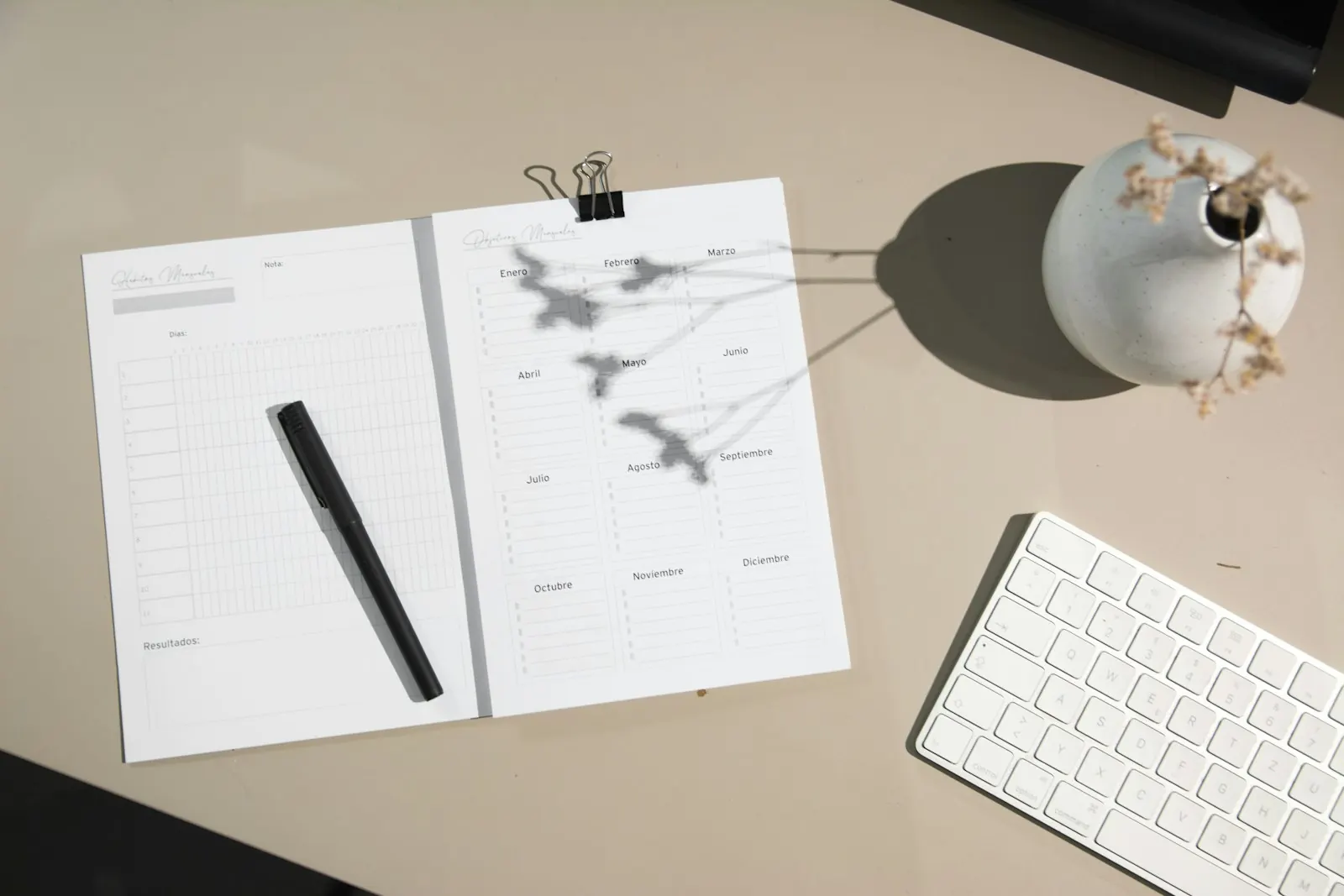 Caderno de planeamento aberto sobre uma secretária clara, com caneta, teclado e um vaso com flores secas, em luz natural